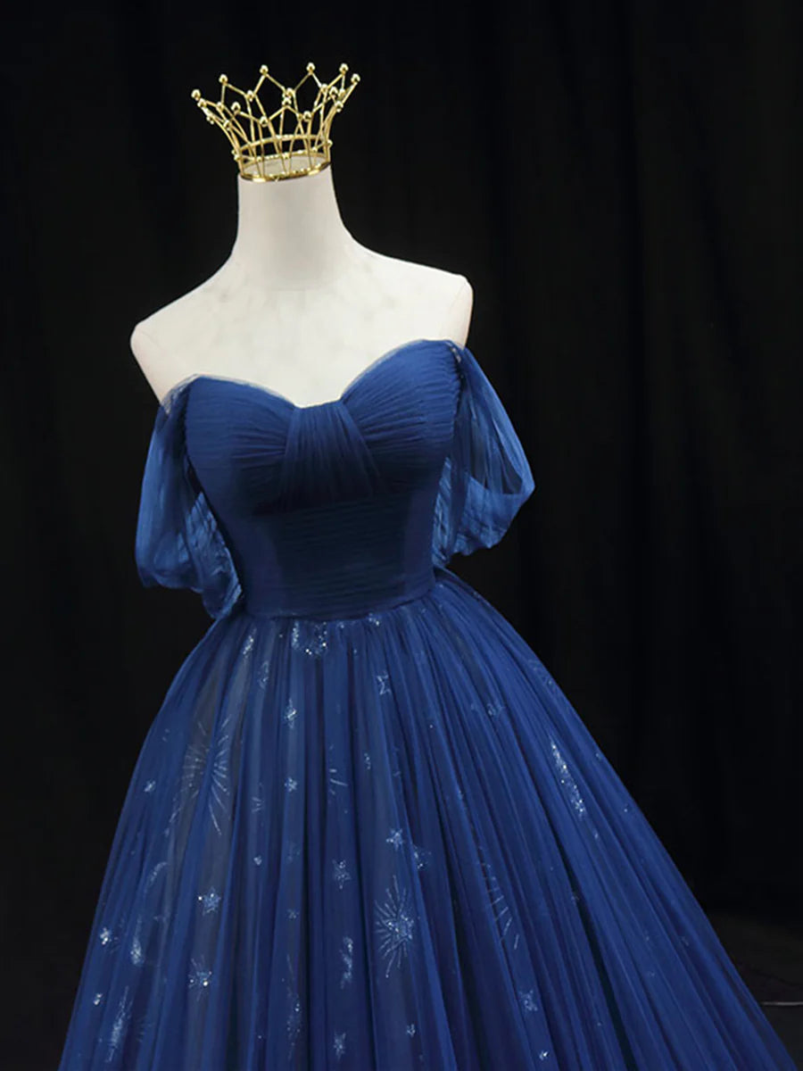 Beautiful Blue Tulle Floor Length Prom Dress, A-Line Off the Shoulder Princess Dress Evening Dress TP228