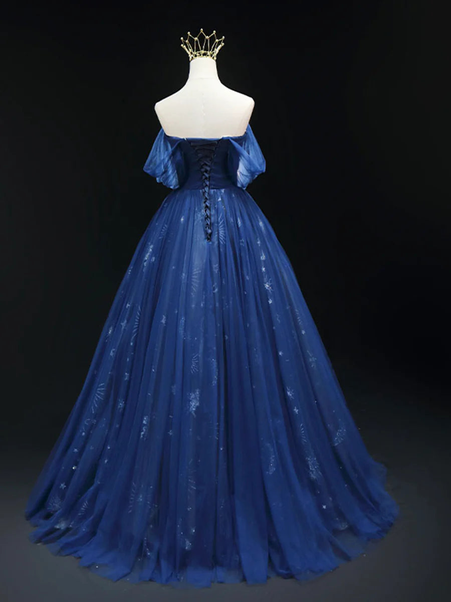 Beautiful Blue Tulle Floor Length Prom Dress, A-Line Off the Shoulder Princess Dress Evening Dress TP228