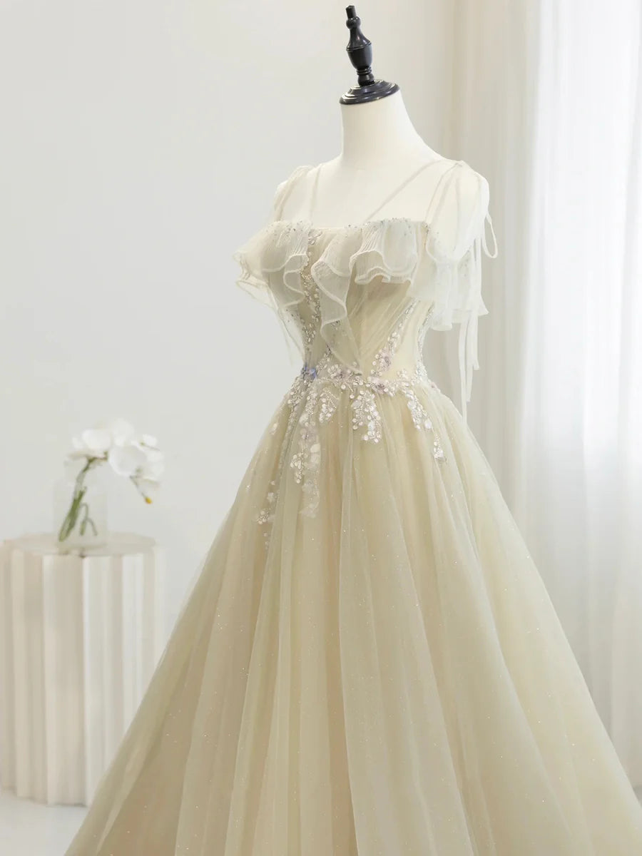 Cute Tulle Sequins Floor Length Prom Dress, Beautiful Spaghetti Strap Evening Party Dress TP230