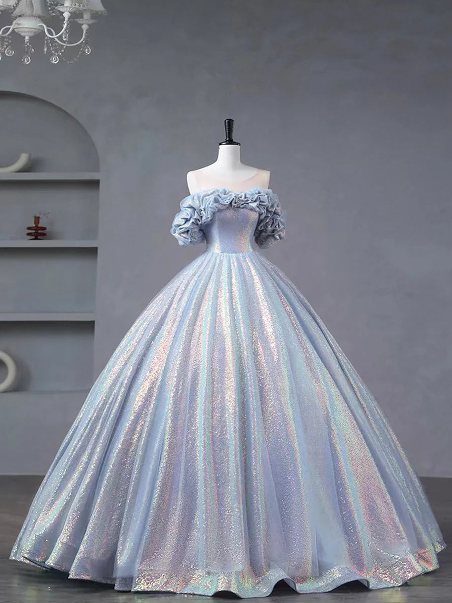 Blue Tulle Sequins Long Formal Dress, Off the Shoulder Princess Dress Sweet 16 Dress TP232