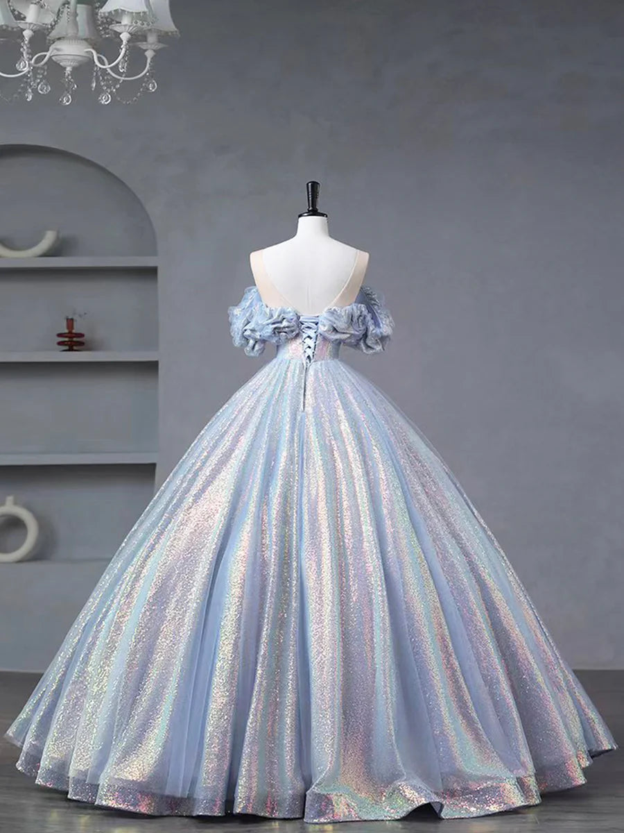 Blue Tulle Sequins Long Formal Dress, Off the Shoulder Princess Dress Sweet 16 Dress TP232