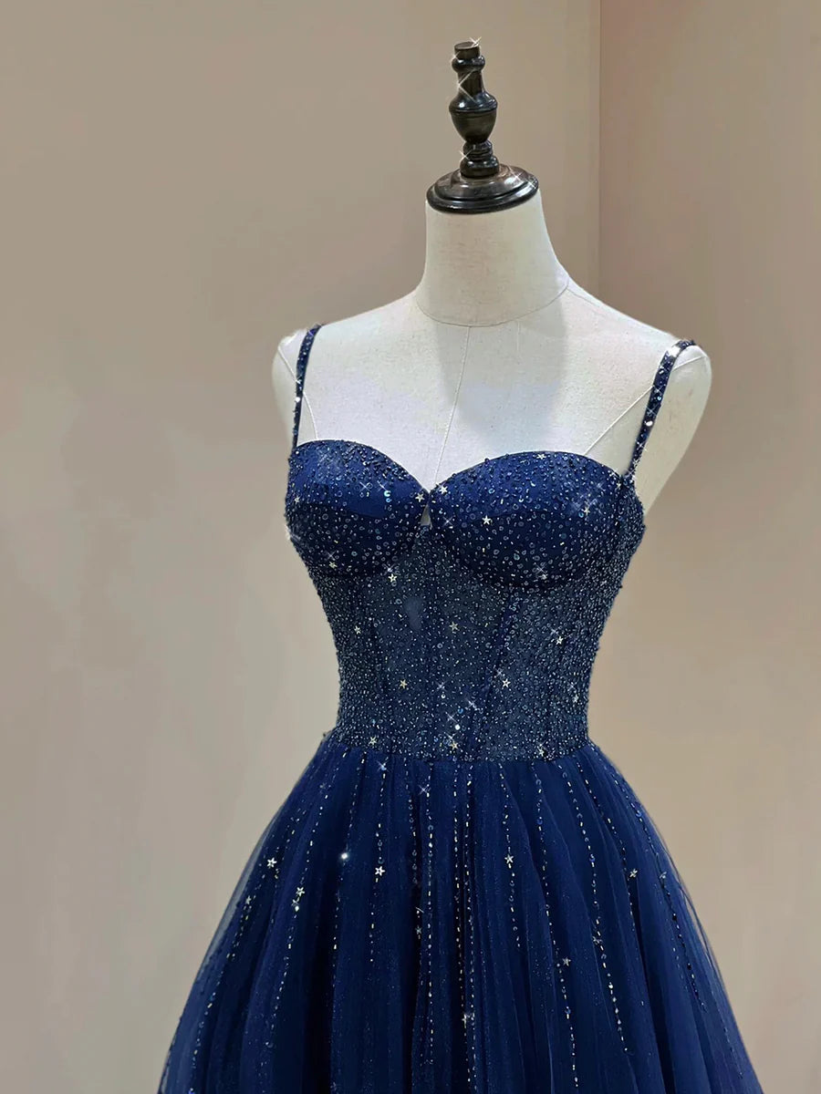 Blue Spaghetti Straps Tulle Beaded Long Formal Dress, Blue A-Line Evening Dress with Corset TP233