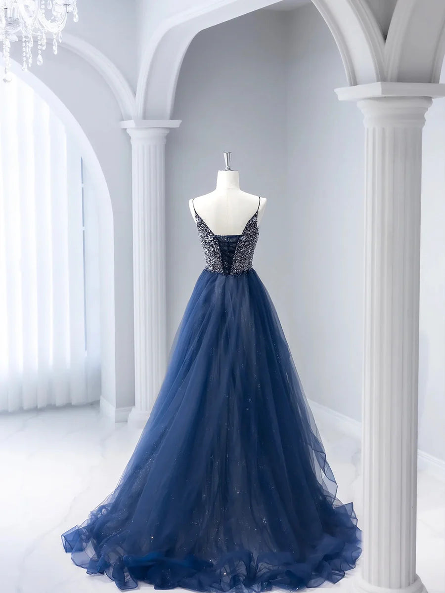 Blue Tulle Beaded Long Prom Dress, A-Line Spaghetti Strap Formal Evening Dress TP234