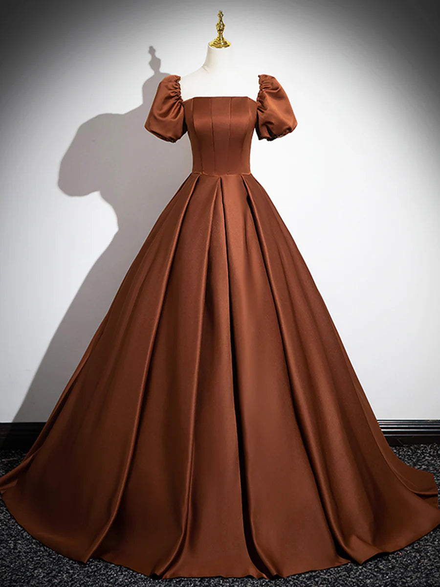 Brown Satin Floor Length Prom Dress , Off the Shoulder A-Line Evening Dress TP237