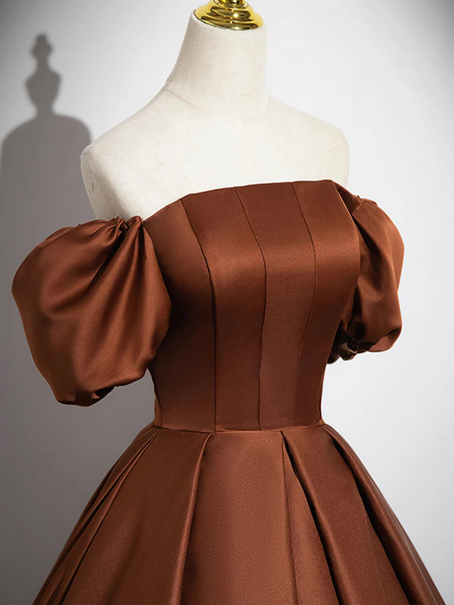 Brown Satin Floor Length Prom Dress , Off the Shoulder A-Line Evening Dress TP237