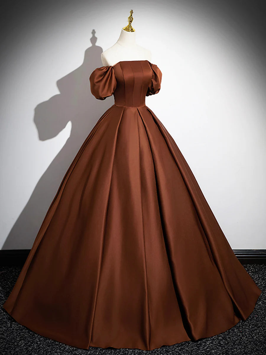Brown Satin Floor Length Prom Dress , Off the Shoulder A-Line Evening Dress TP237