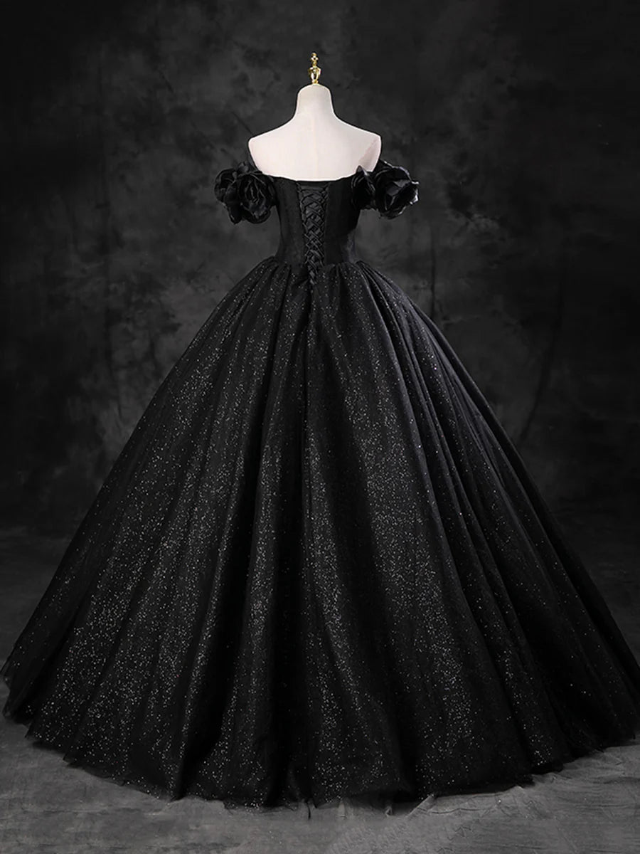 Black Sparkly Tulle Off the Shoulder Long Formal Dress, Elegant A-Line Black Evening Party Dress TP241
