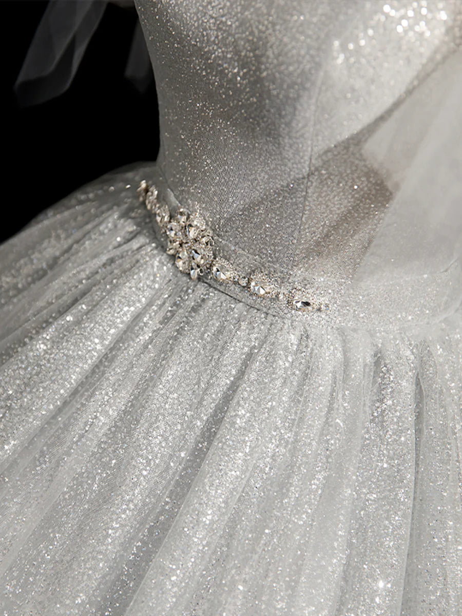 Gray Sparkly Tulle Long Scoop Neckline Prom Dress, Beautiful A-Line Evening Party Dress TP242