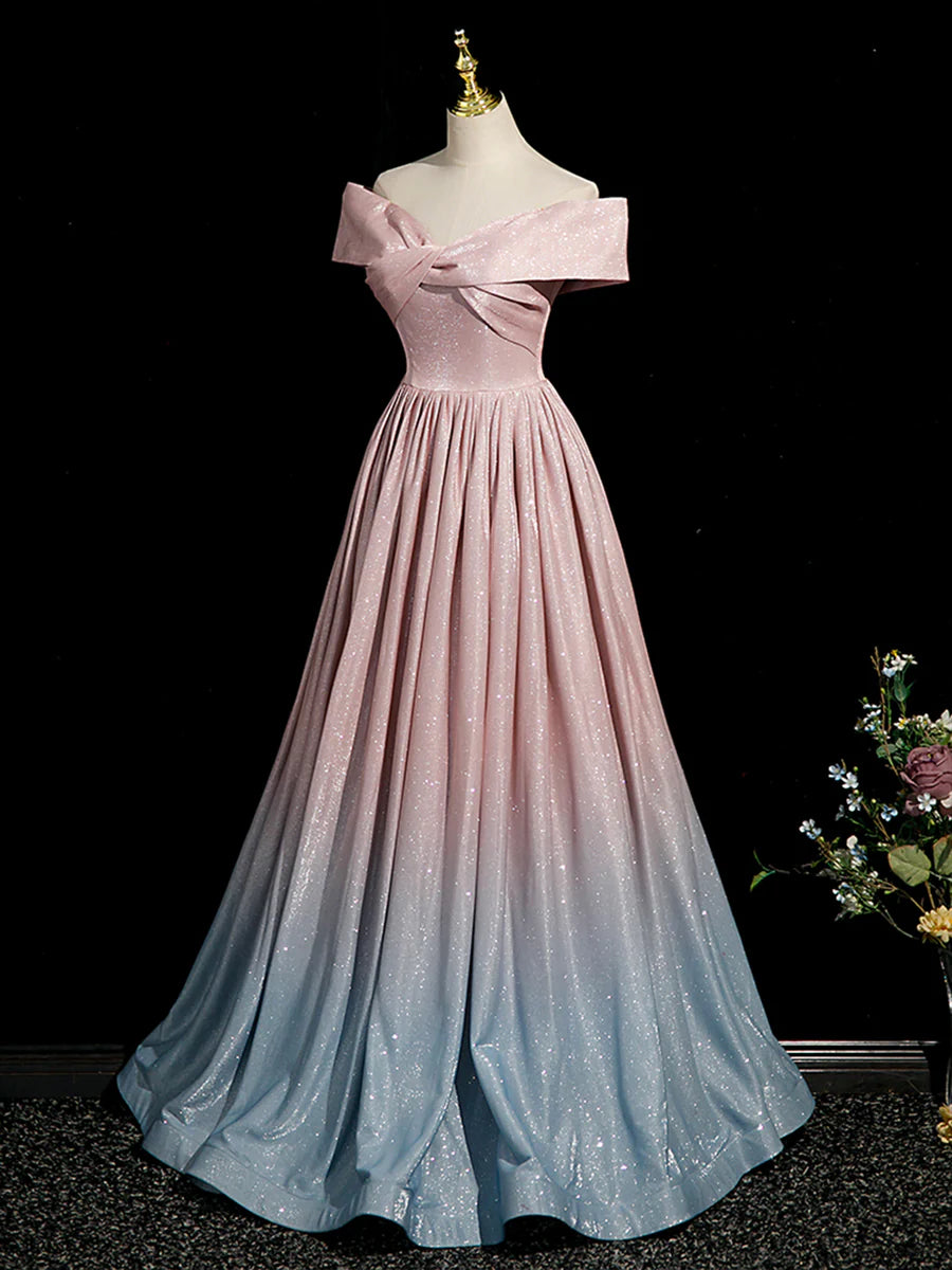 Pink Gradient Shiny Floor Length Prom Dress, Off Shoulder A-Line Evening Party Dress TP254