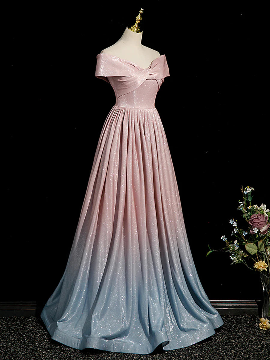 Pink Gradient Shiny Floor Length Prom Dress, Off Shoulder A-Line Evening Party Dress TP254