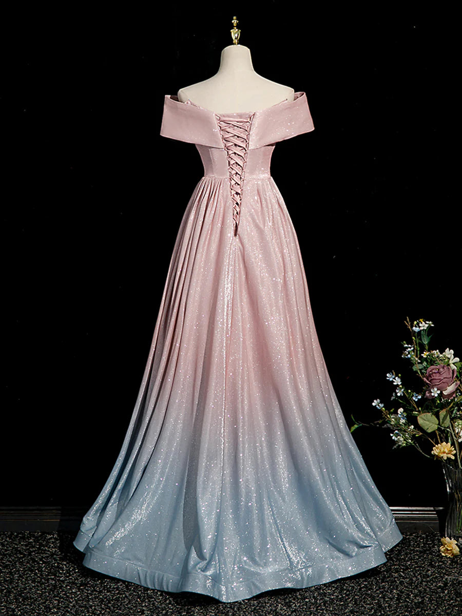 Pink Gradient Shiny Floor Length Prom Dress, Off Shoulder A-Line Evening Party Dress TP254