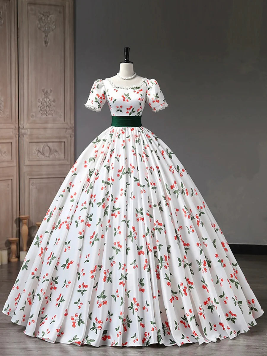 Beautiful Cherry Pattern Long Princess Prom Dress, White A-Line Short Sleeve Evening Party Dress TP257