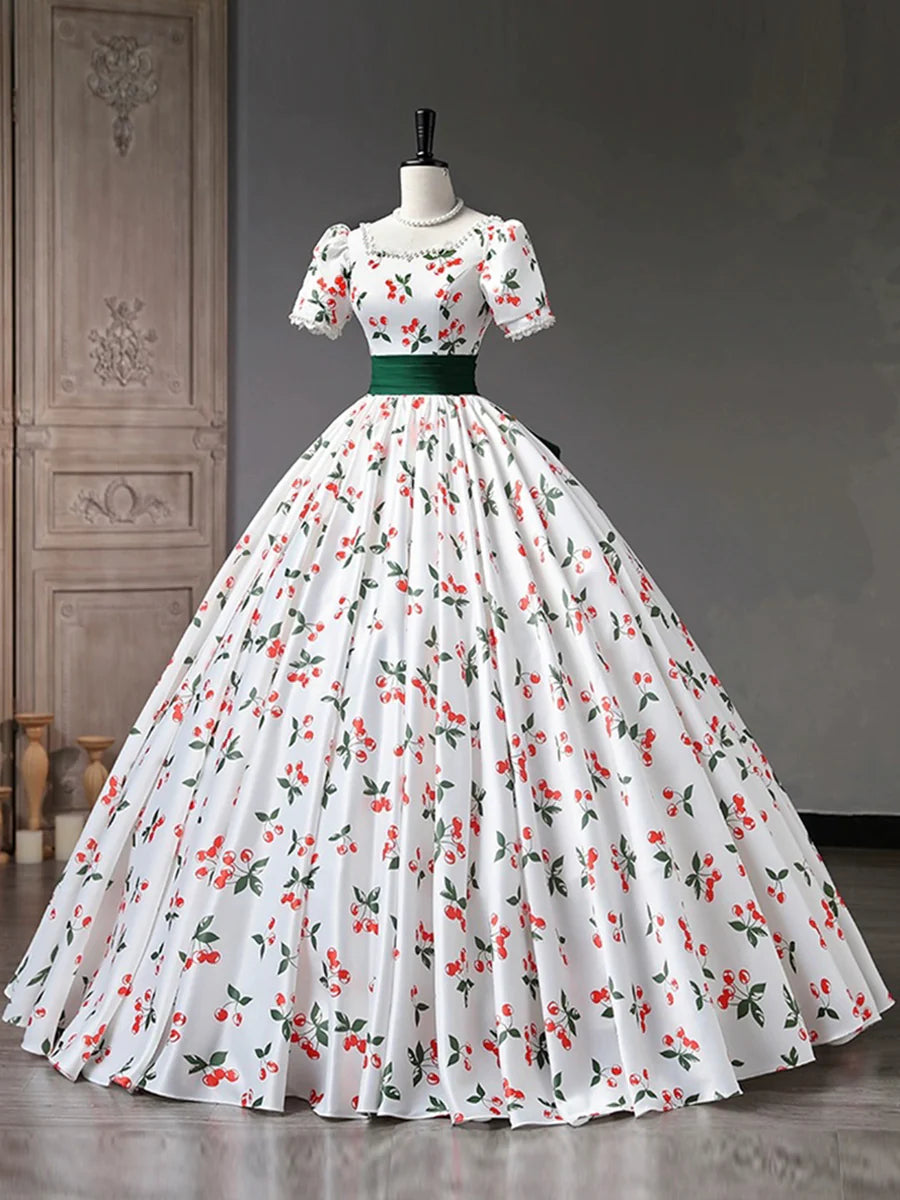 Beautiful Cherry Pattern Long Princess Prom Dress, White A-Line Short Sleeve Evening Party Dress TP257