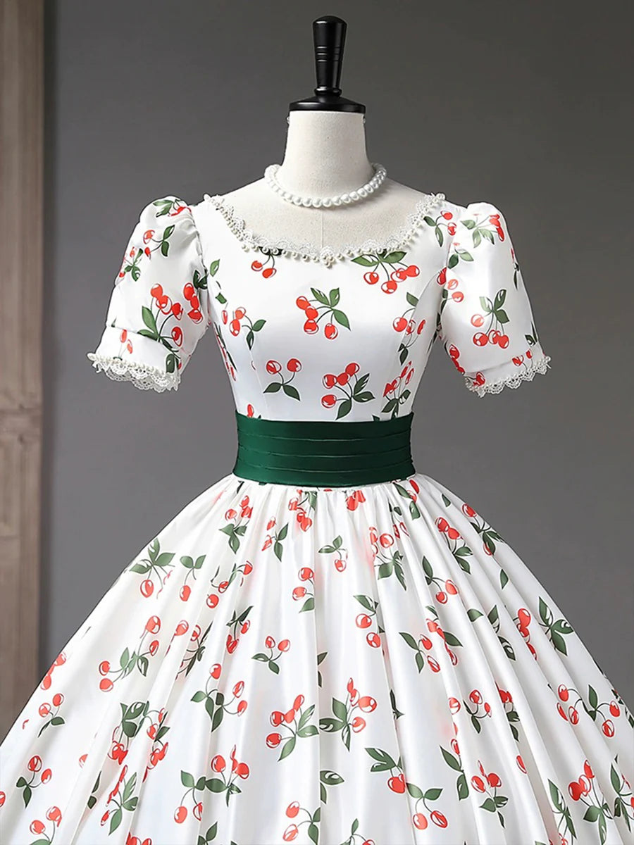 Beautiful Cherry Pattern Long Princess Prom Dress, White A-Line Short Sleeve Evening Party Dress TP257
