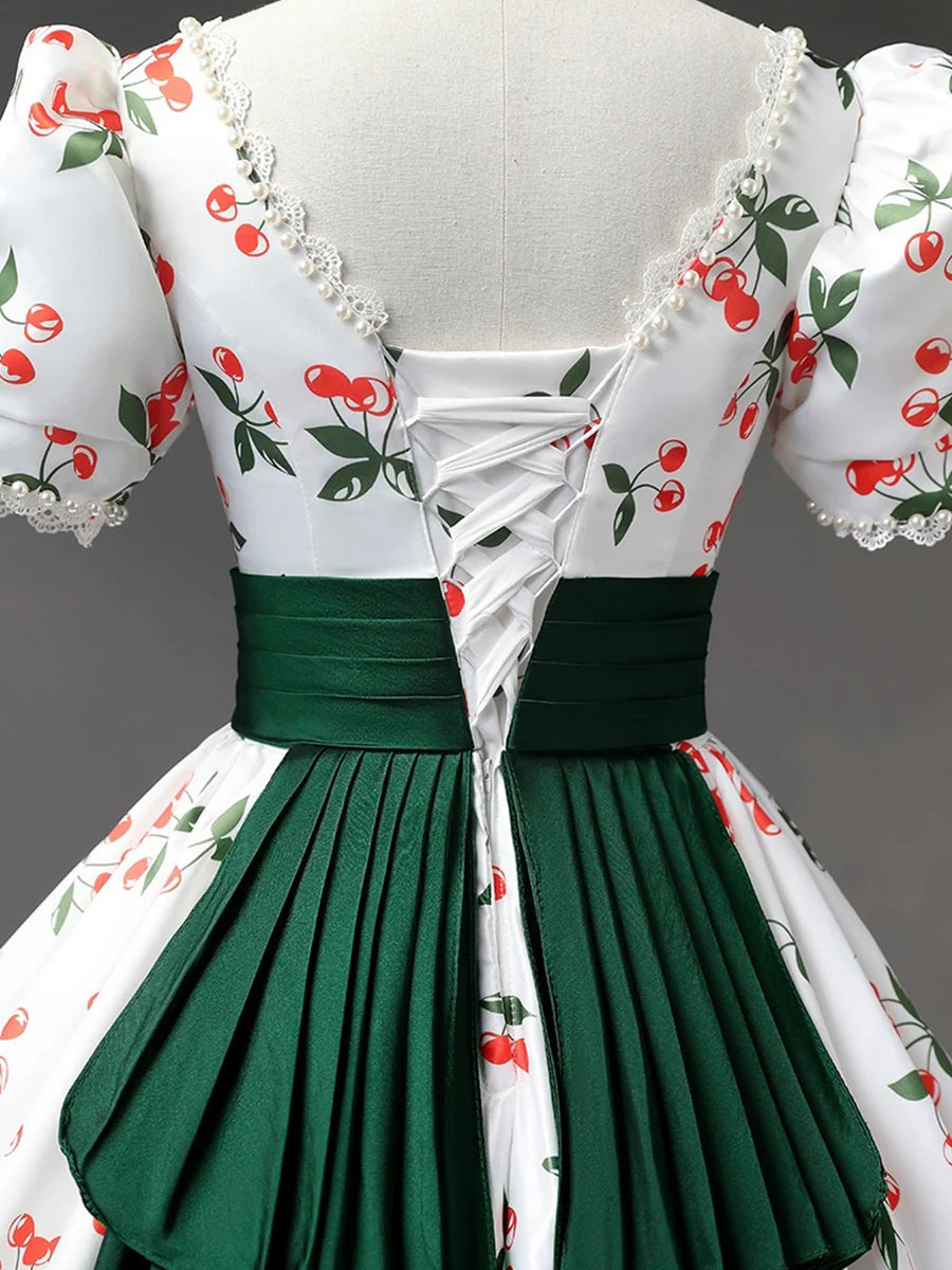 Beautiful Cherry Pattern Long Princess Prom Dress, White A-Line Short Sleeve Evening Party Dress TP257