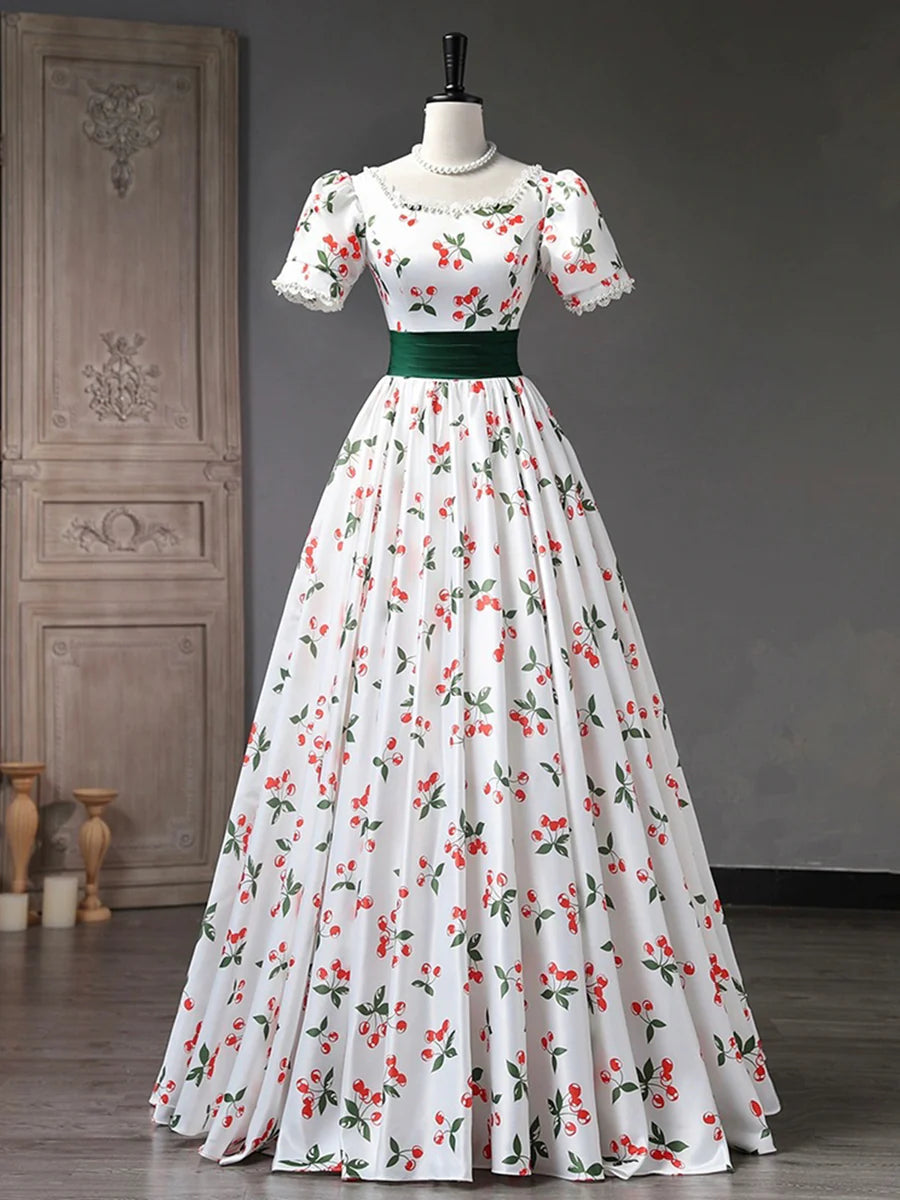 Beautiful Cherry Pattern Long Princess Prom Dress, White A-Line Short Sleeve Evening Party Dress TP257