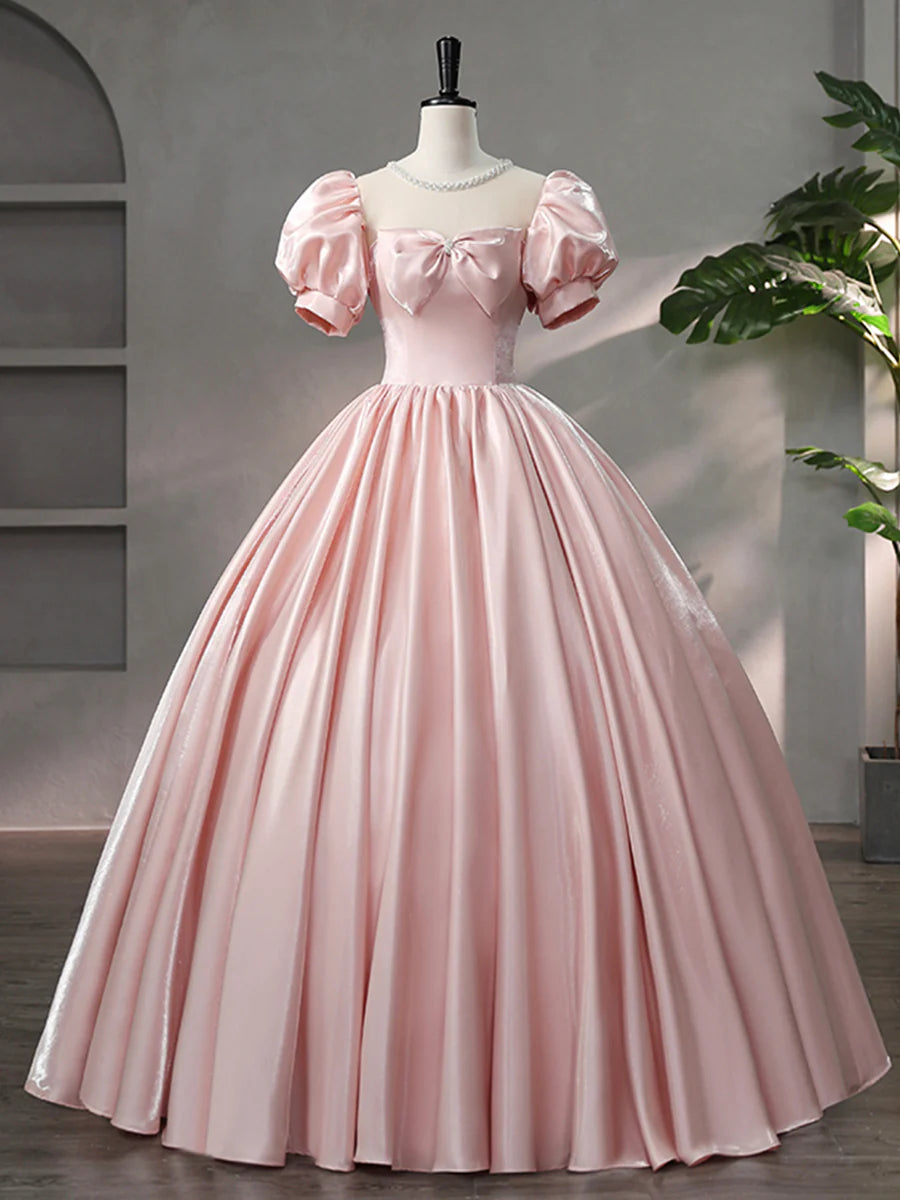 Beautiful Pink Scoop Neck Satin Floor Length Prom Dress, A-Line Short Sleeve Evening Dress with Bow TP258