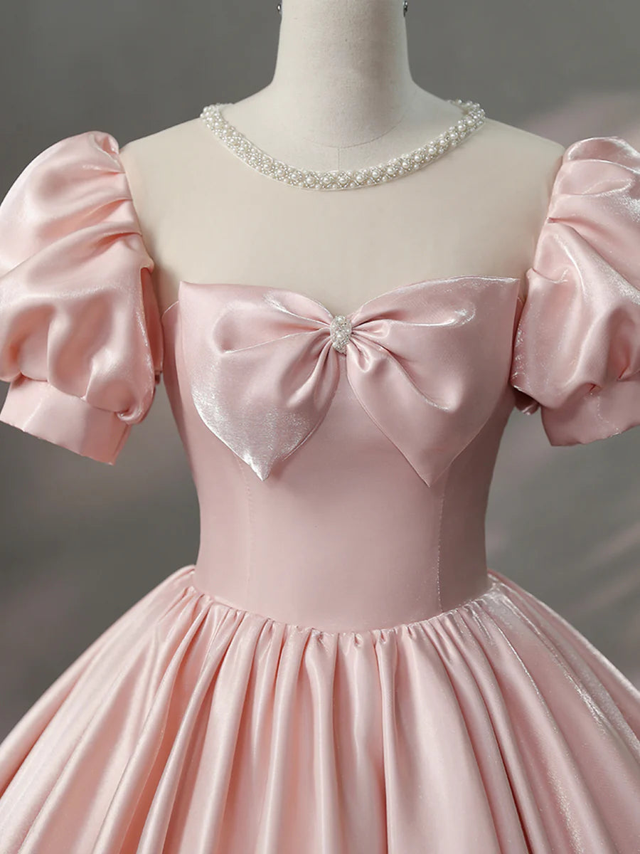 Beautiful Pink Scoop Neck Satin Floor Length Prom Dress, A-Line Short Sleeve Evening Dress with Bow TP258