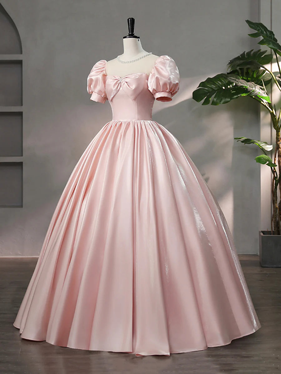 Beautiful Pink Scoop Neck Satin Floor Length Prom Dress, A-Line Short Sleeve Evening Dress with Bow TP258