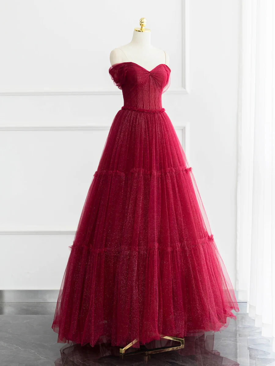 Burgundy Shiny Tulle Long Prom Dress, Beautiful A-Line Off the Shoulder Evening Dress TP262