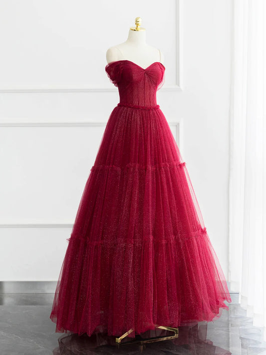 Burgundy Shiny Tulle Long Prom Dress, Beautiful A-Line Off the Shoulder Evening Dress  TP262