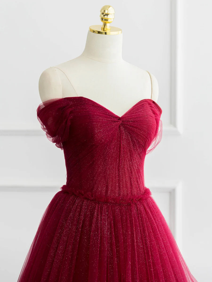 Burgundy Shiny Tulle Long Prom Dress, Beautiful A-Line Off the Shoulder Evening Dress TP262