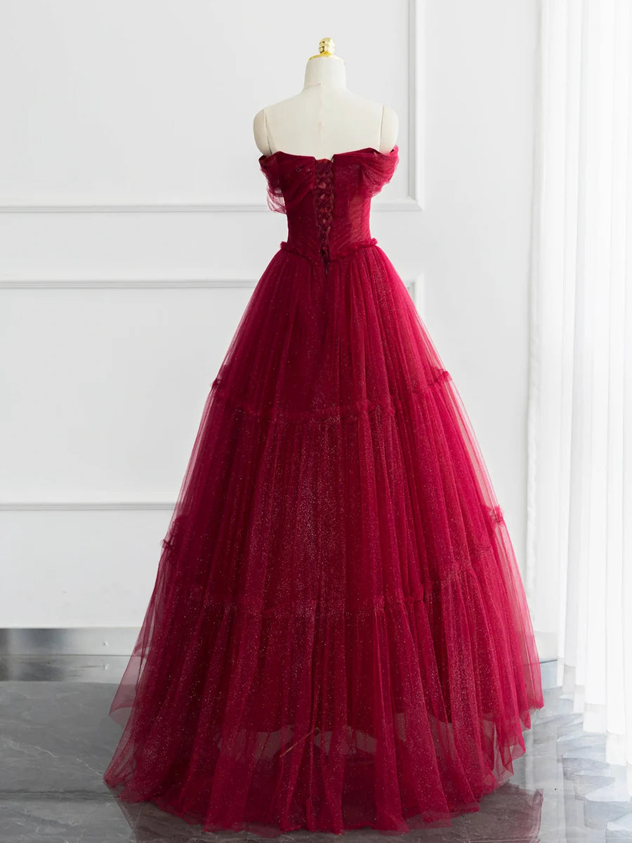 Burgundy Shiny Tulle Long Prom Dress, Beautiful A-Line Off the Shoulder Evening Dress TP262