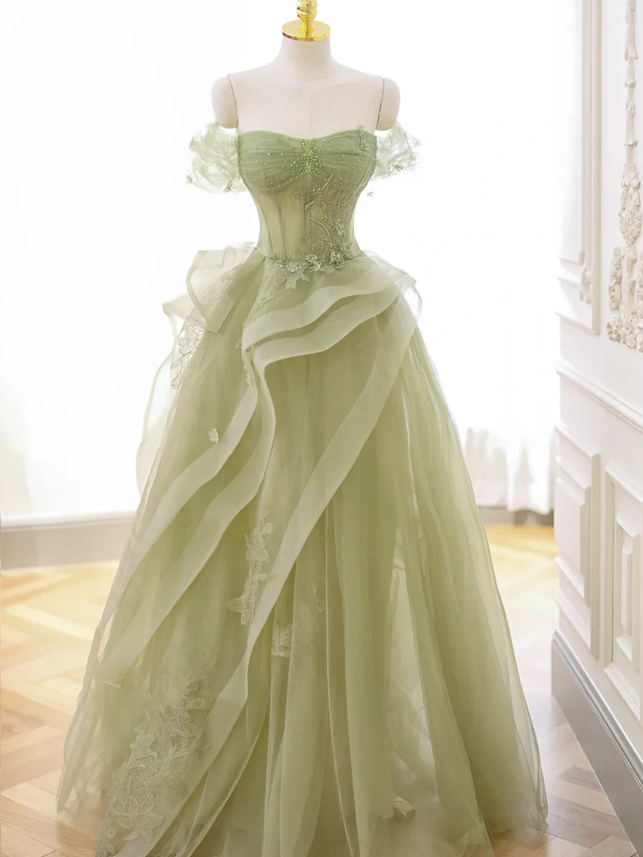 Green Tulle Long Floor Length Prom Dress, Beautiful A-Line Evening Party Dress with Lace TP264
