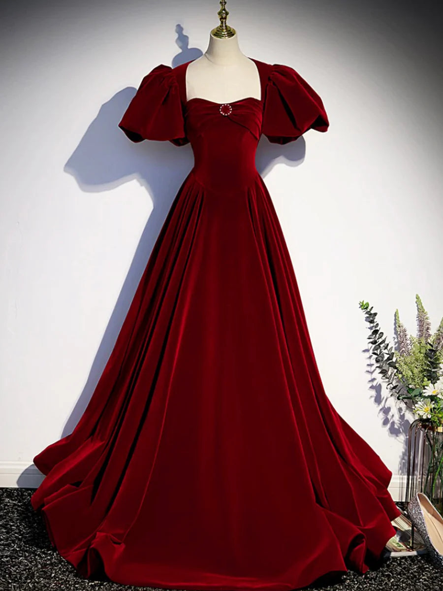 Burgundy Velvet Floor Length Prom Dress, Beautiful Open Back Evening Dress with Pearls TP266
