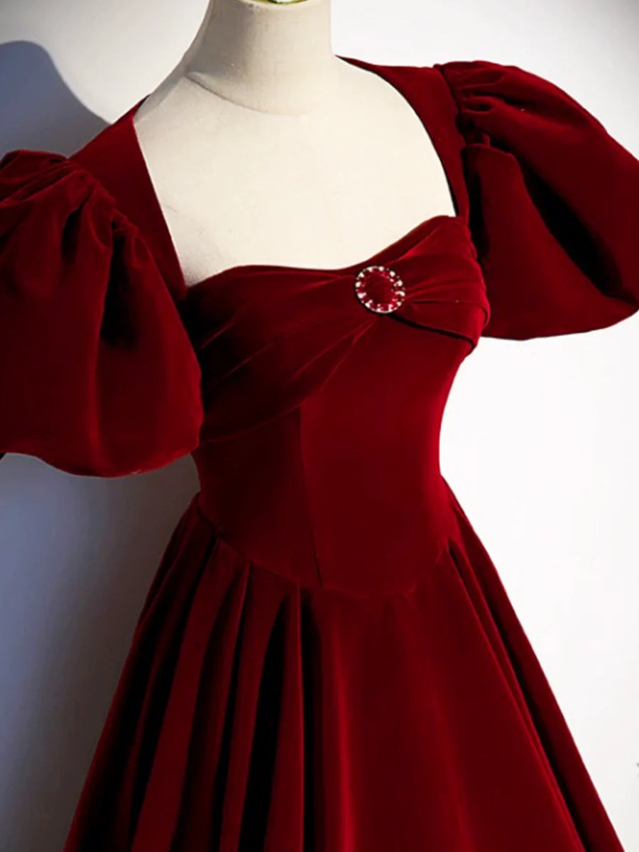 Burgundy Velvet Floor Length Prom Dress, Beautiful Open Back Evening Dress with Pearls TP266