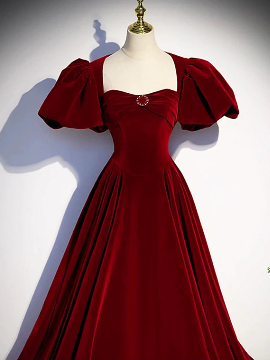 Burgundy Velvet Floor Length Prom Dress, Beautiful Open Back Evening Dress with Pearls TP266