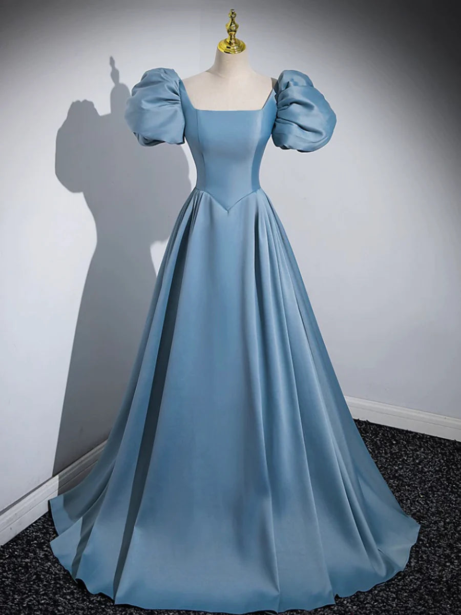 Blue Puff Sleeve Satin Floor Length Prom Dress, Blue A-Line Evening Party Dress TP274