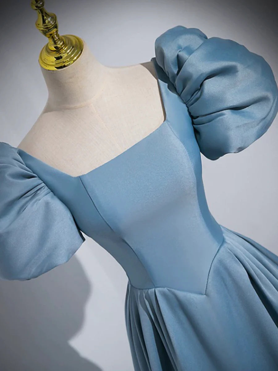 Blue Puff Sleeve Satin Floor Length Prom Dress, Blue A-Line Evening Party Dress TP274
