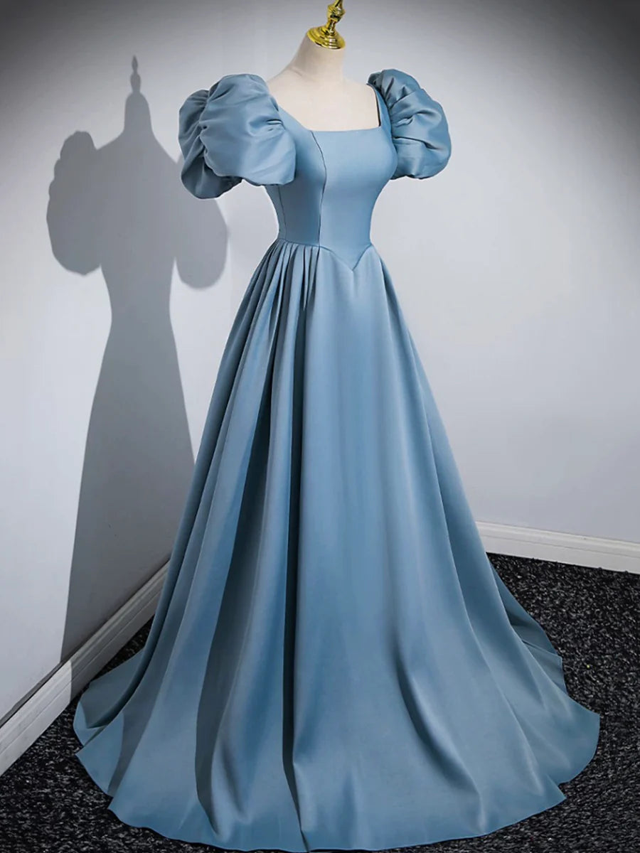 Blue Puff Sleeve Satin Floor Length Prom Dress, Blue A-Line Evening Party Dress TP274