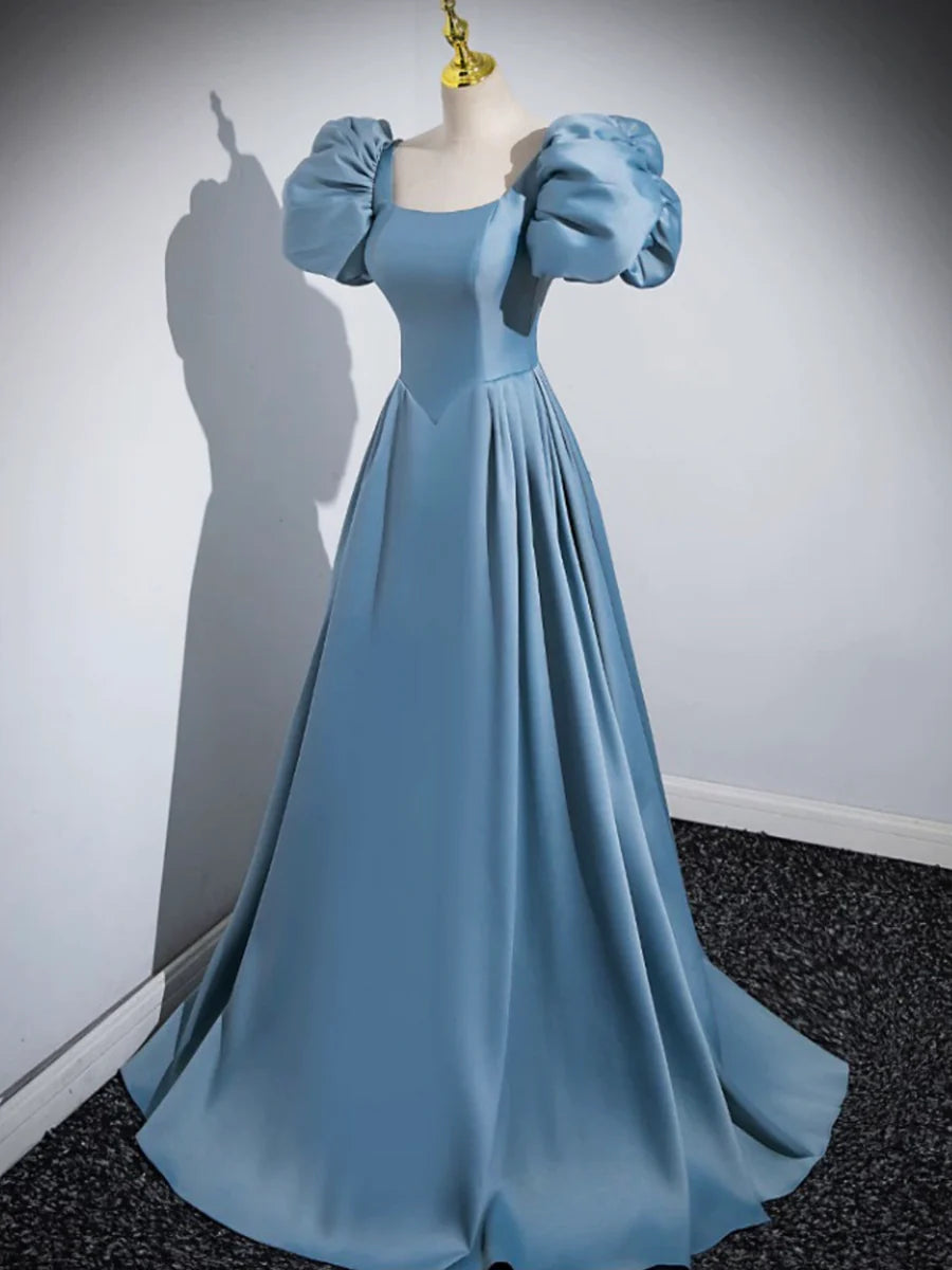 Blue Puff Sleeve Satin Floor Length Prom Dress, Blue A-Line Evening Party Dress TP274