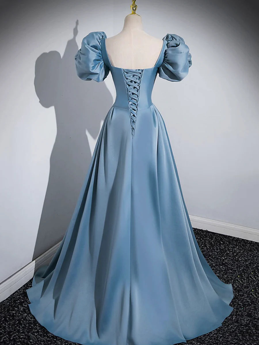Blue Puff Sleeve Satin Floor Length Prom Dress, Blue A-Line Evening Party Dress TP274