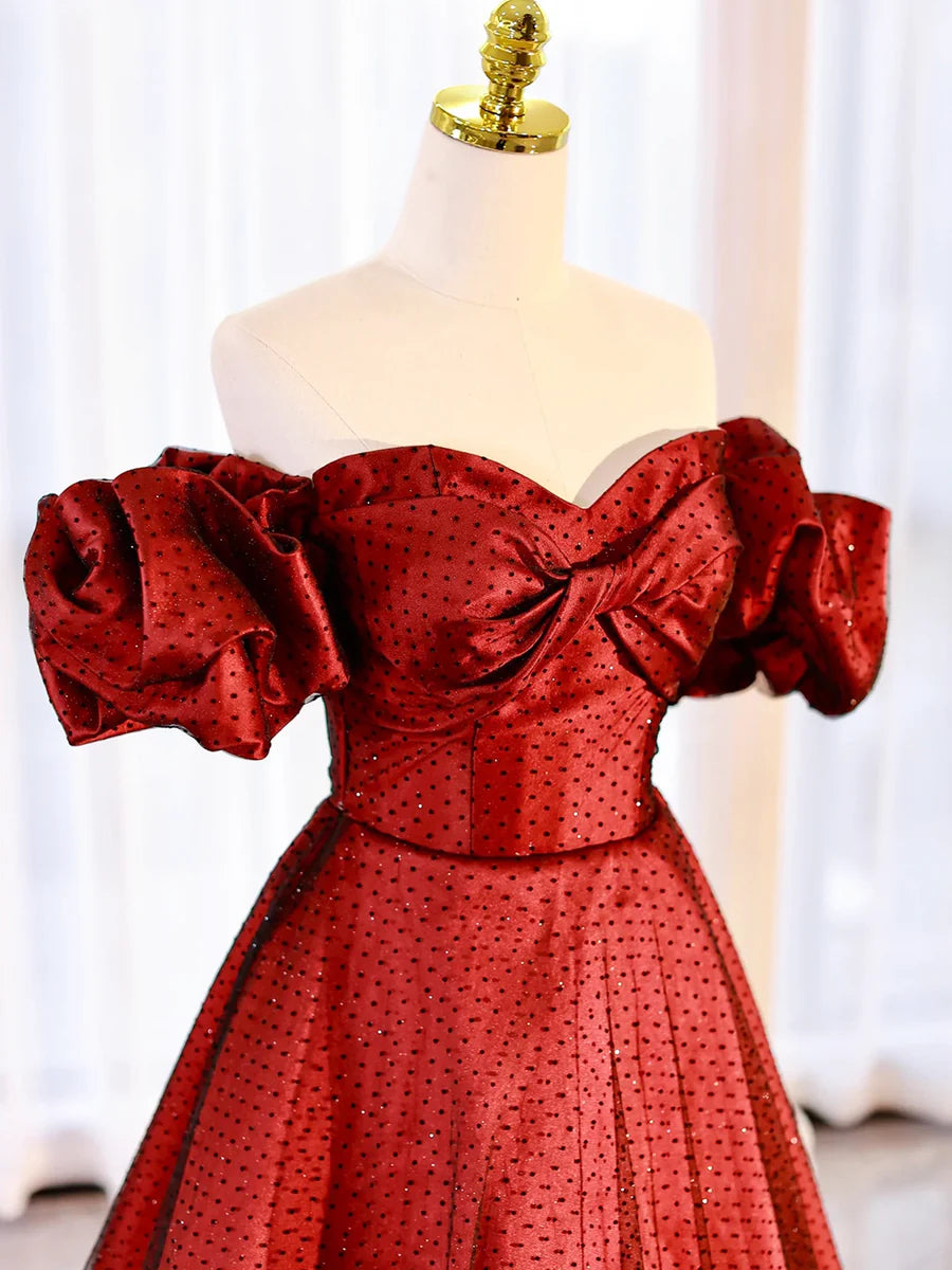 Burgundy Satin Polka Dot Tulle Prom Dress, Lovely Floor Length Short Sleeve Evening Dress TP280