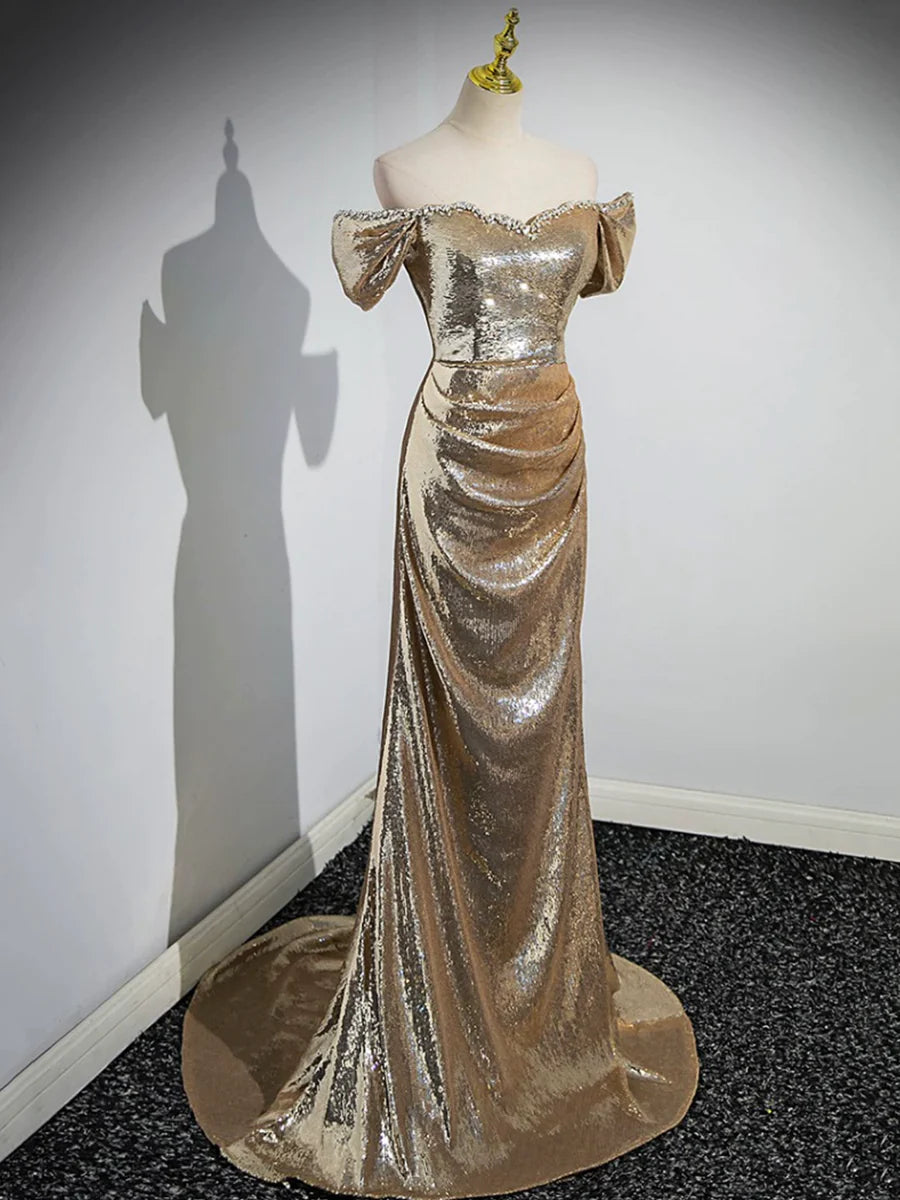 Gold Sequins Floor Length Prom Dress, Mermaid Off the Shoulder Evening Party Dress TP283