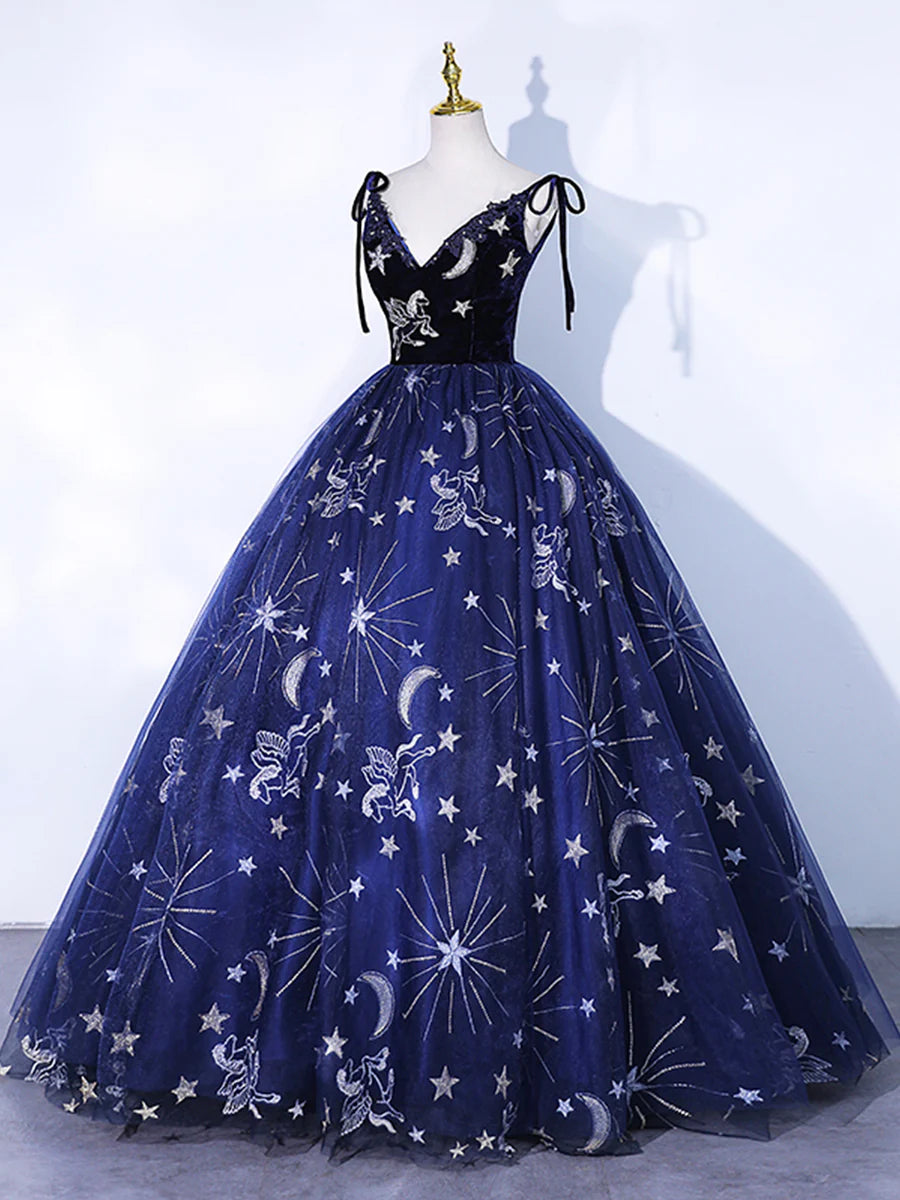 Navy Blue Tulle Long Prom Dress, Spaghetti Straps Lace Flower Backless Evening Dress TP284