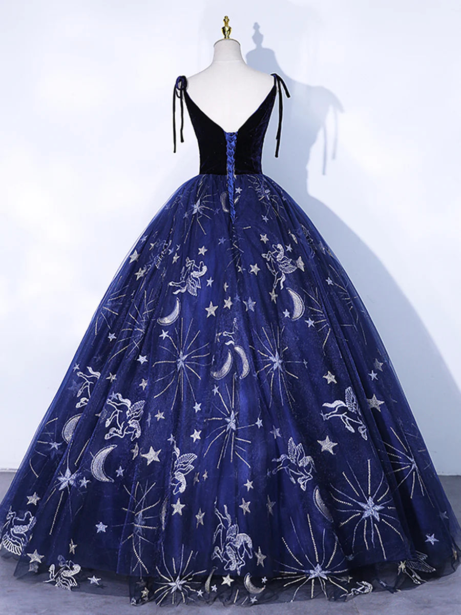 Navy Blue Tulle Long Prom Dress, Spaghetti Straps Lace Flower Backless Evening Dress TP284