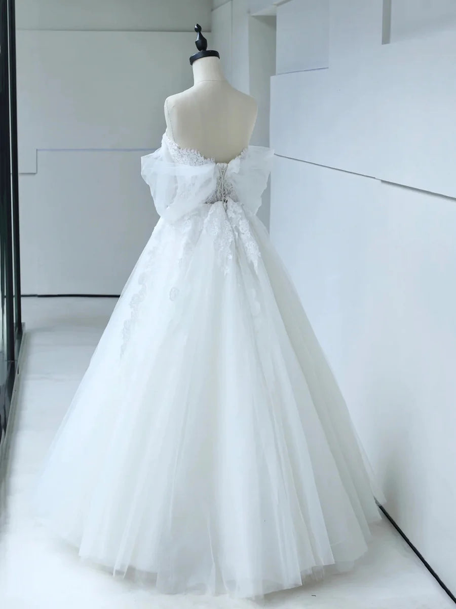 White Tulle Lace Long Prom Dress with Corset, Off the Shoulder Sweetheart Evening Dress TP287