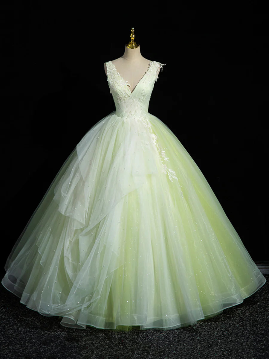 Green V-Neck Tulle Lace Long Prom Dress, A-Line Sleeveless Evening Dress TP289