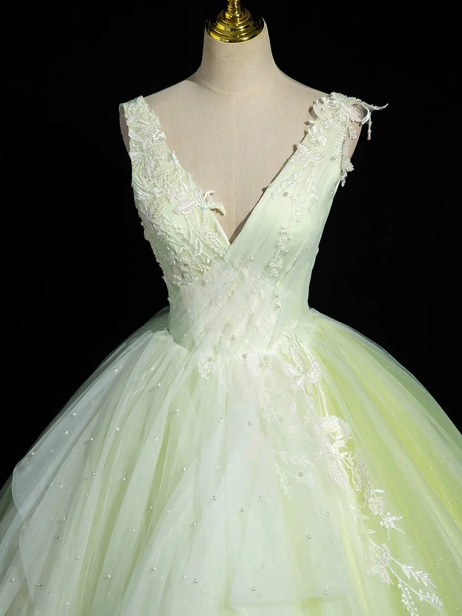 Green V-Neck Tulle Lace Long Prom Dress, A-Line Sleeveless Evening Dress TP289
