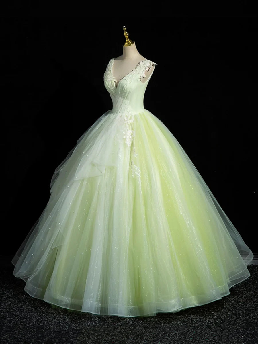 Green V-Neck Tulle Lace Long Prom Dress, A-Line Sleeveless Evening Dress TP289