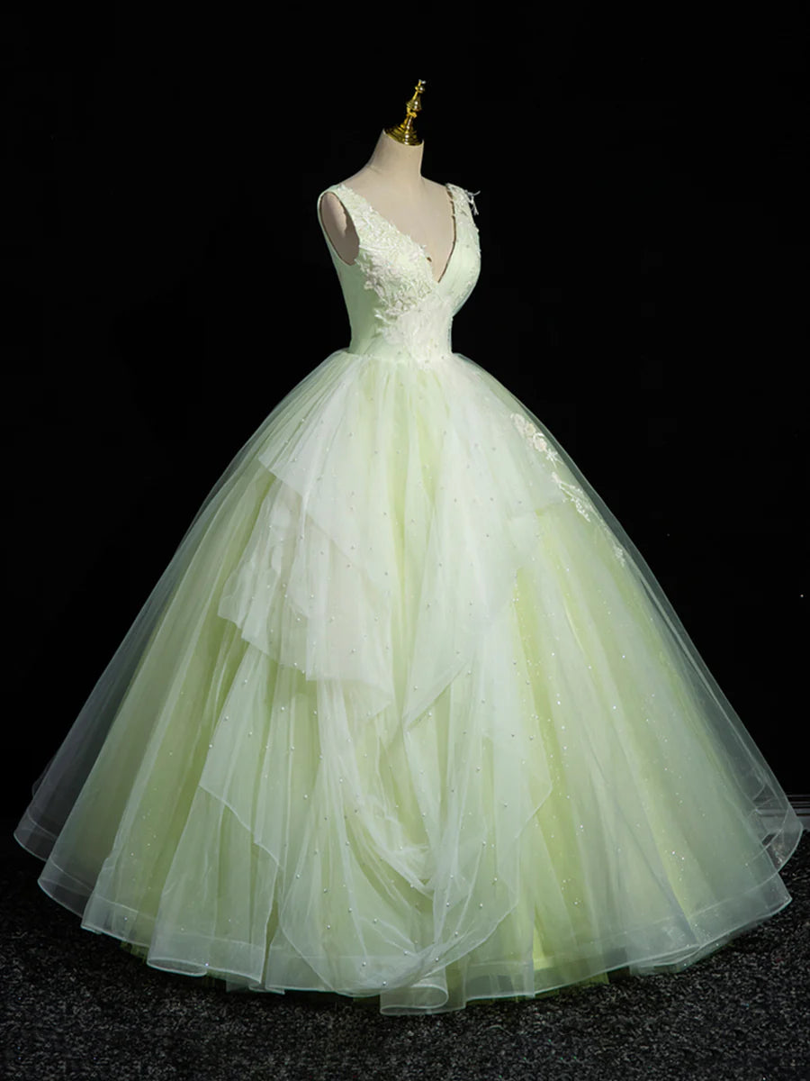 Green V-Neck Tulle Lace Long Prom Dress, A-Line Sleeveless Evening Dress TP289
