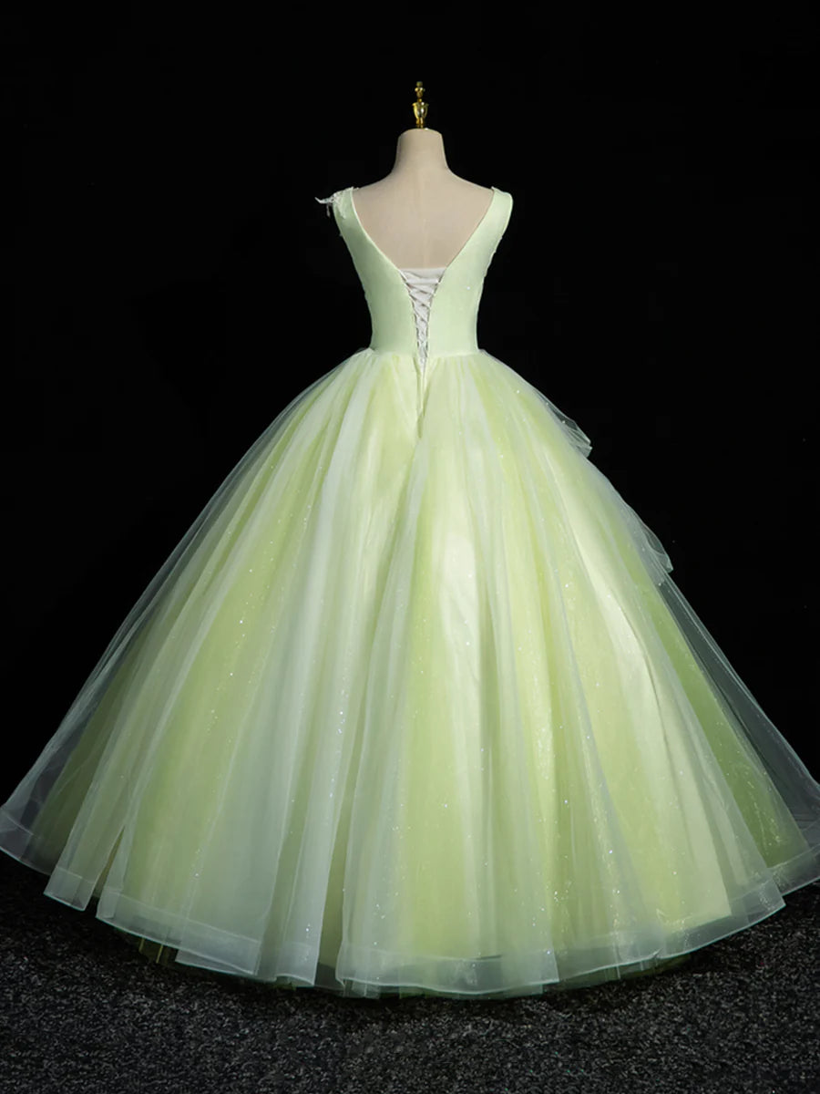 Green V-Neck Tulle Lace Long Prom Dress, A-Line Sleeveless Evening Dress TP289