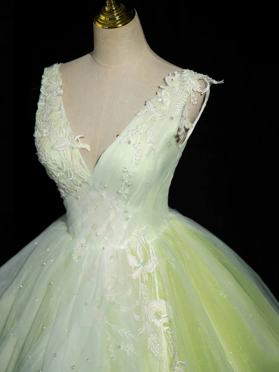 Green V-Neck Tulle Lace Long Prom Dress, A-Line Sleeveless Evening Dress TP289