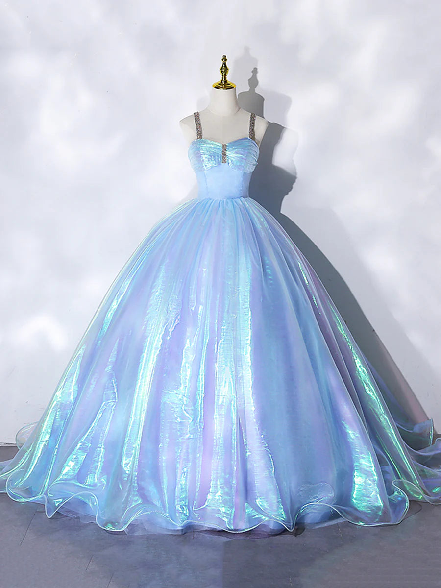 Beautiful Shiny Blue Tulle Long Formal Dress, A-Line Spaghetti Strap Sweetheart Princess Dress TP292