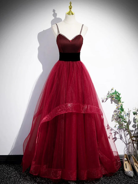 Burgundy Spaghetti Strap Tulle Long Corset Prom Dress, A-Line Evening Party Dress  TP293