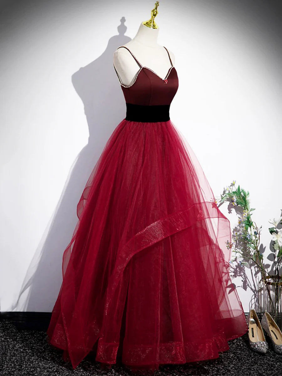 Burgundy Spaghetti Strap Tulle Long Corset Prom Dress, A-Line Evening Party Dress  TP293